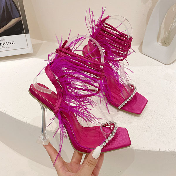 Fluffy Feather Rhinestone Lace Up Clear Heels