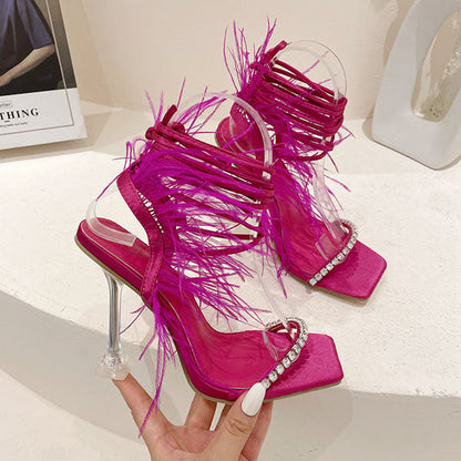 Fluffy Feather Rhinestone Lace Up Clear Heels