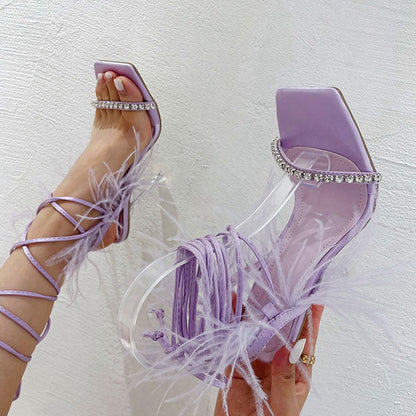 Fluffy Feather Rhinestone Lace Up Clear Heels