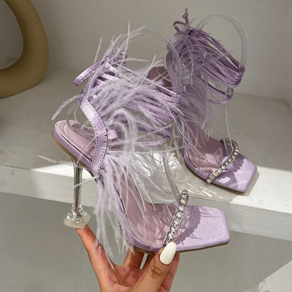 Fluffy Feather Rhinestone Lace Up Clear Heels