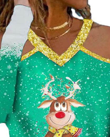 Christmas Snowflake Cartoon Elk Print Cold Shoulder Top