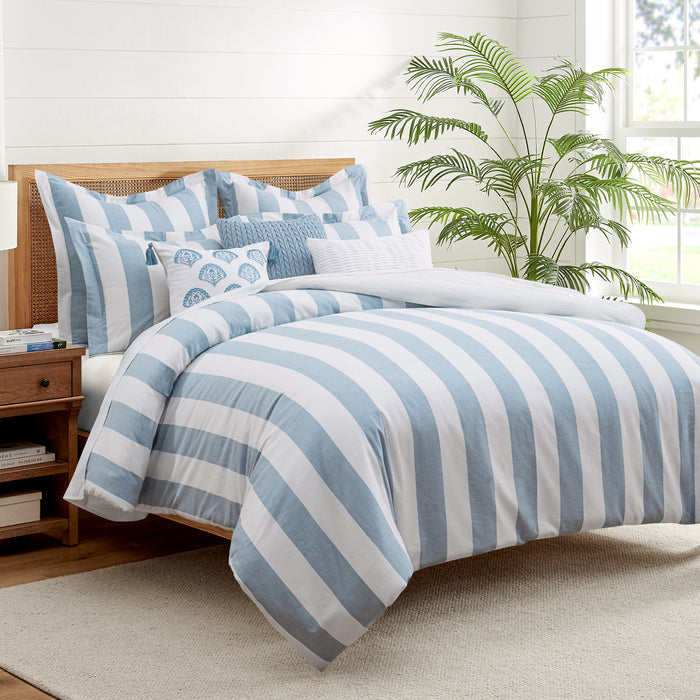 Cabana Woven Stripe Comforter Set featuring coastal blue and white stripes on a neatly made bed with decorative pillows.