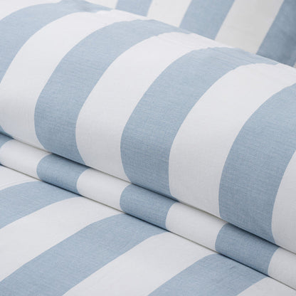 Close-up of Cabana Woven Stripe Comforter Set featuring soft coastal blue and white vertical stripes.