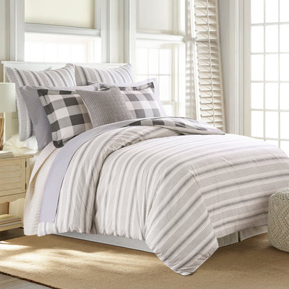 Camden Comforter Set featuring a reversible comforter with buffalo check and stripes, perfect for stylish bedrooms.