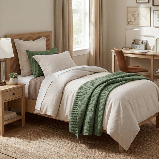 Bedroom with wooden bed, green blanket, and desk with computer.