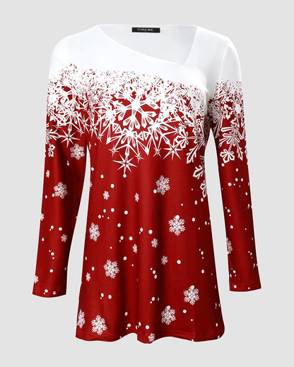 Christmas Snowflake Print Asymmetrical Neck Top