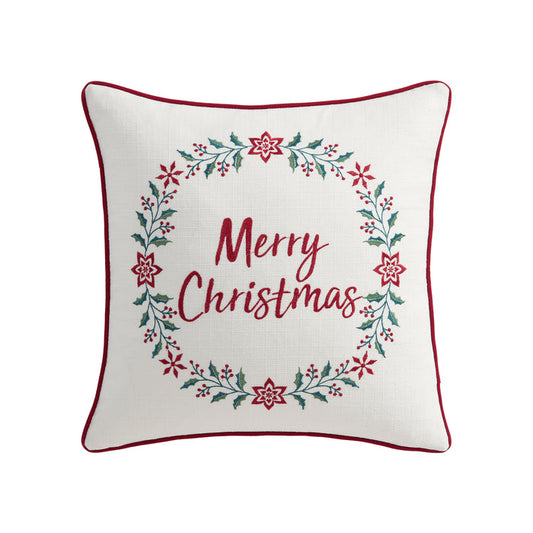 Holly & Thistle Embroidered Merry Wreath Pillow 18x18