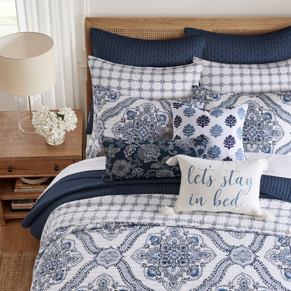 Lentana Navy Quilt Set showcasing intricate medallion pattern and decorative pillows in navy and white colors.