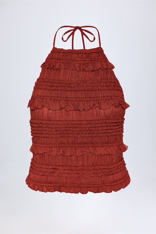 Ruffled High-Neck Backless Top in Burnt Red