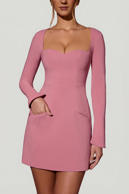 Sweetheart-Neck Long-Sleeve A-Line Mini Dress in Dusty Pink