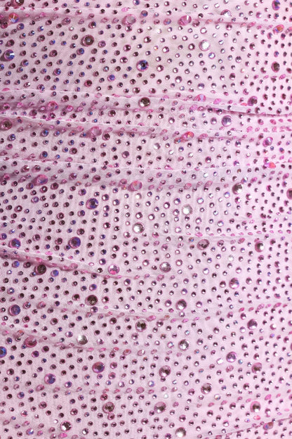 Embellished Draped Cowl-Neck Mini Dress in Peony Pink