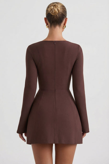 Square-Neck Structured Tulip Mini Dress in Chocolate Brown