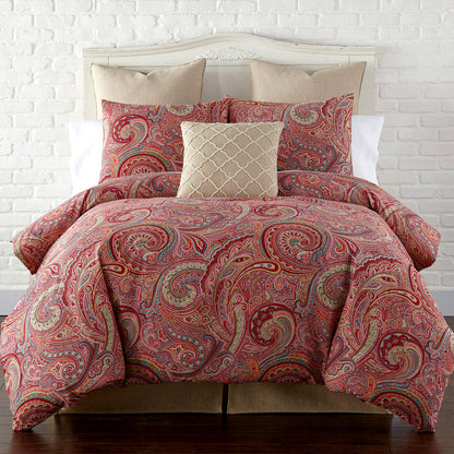 Spruce Comforter Set featuring a rich paisley print in red and gold, designed for elegance and comfort in any bedroom.