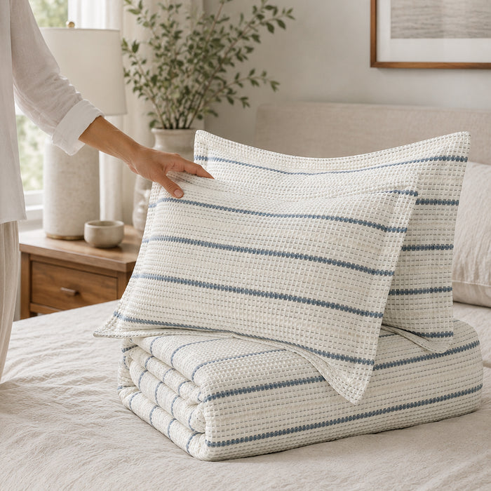 Waffle Stripe Blue Comforter Set