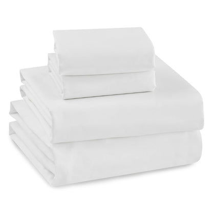 White Sateen Fitted Sheet set stacked neatly, featuring soft cotton fabric for luxurious comfort.